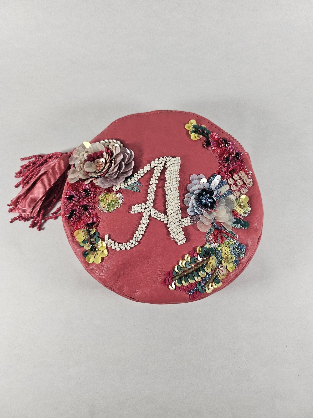 Anna Harlow Russo x Anthropologie Coral Pink Beaded 'A' Floral Tassel RoundPouch